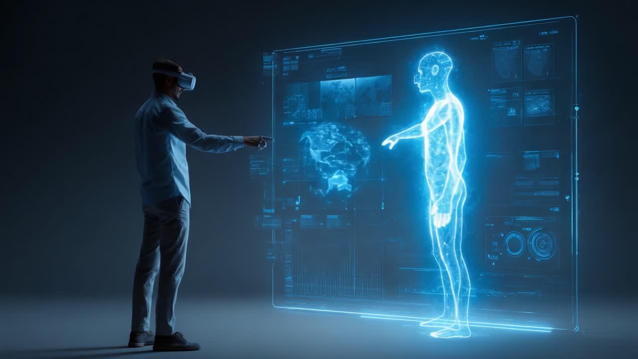 Immersive Virtual Reality Experience: A User Interacting with Holographic Human Figure in a Digital Environment, Showcasing Advanced Technology and Future Innovations in Interactive Simulations