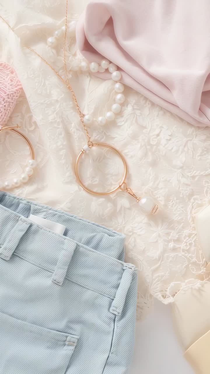 Video verticale: camera che zooma sul pizzo color crema su un letto, mostrando un ciondolo dorato e un capo in denim per lo styling