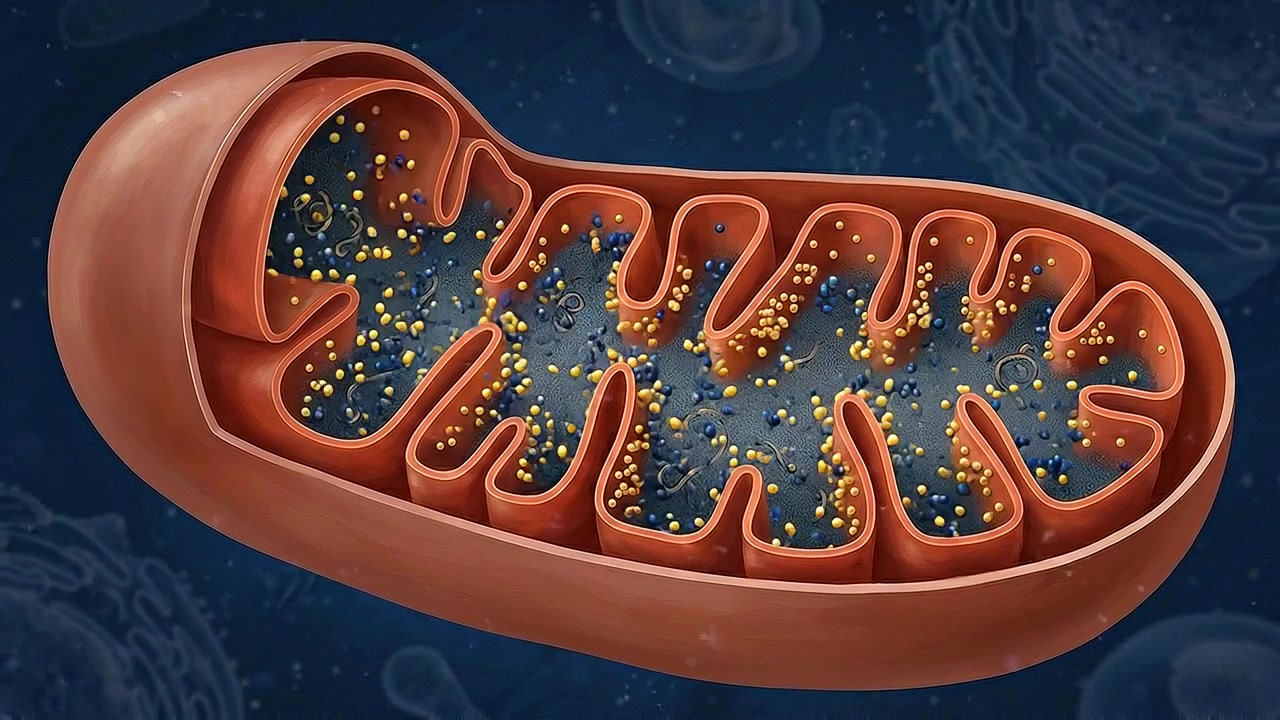 Schnittbild eines Mitochondriums, das gefaltete innere Membranen in einer detaillierten zellulären Darstellung zeigt