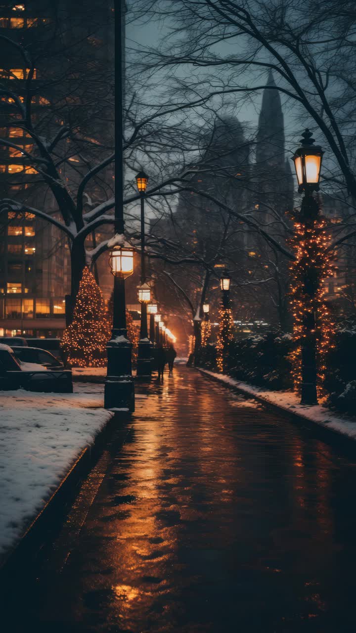 Moody winter evening scene with snow and festive lights. Captured from a low angle