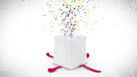 animation of white lines over confetti and present on white background