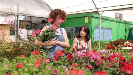 happy women holding pot while shopping in indoor plant nursery