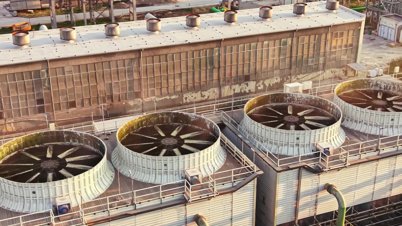 Grandi torri di raffreddamento sulla cima di un edificio industriale in un'area industriale durante le ore diurne.