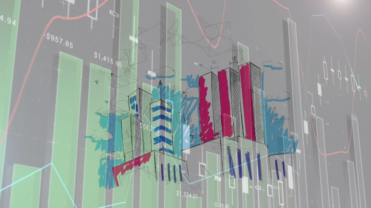 animación de estadísticas con procesamiento de datos sobre el paisaje urbano