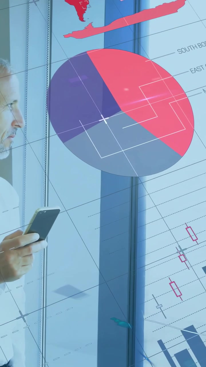 Vertikal video: Kamera panorerer tilbage, mand med telefon ser på 3D-diagrammer, der ændrer sig til analyse.