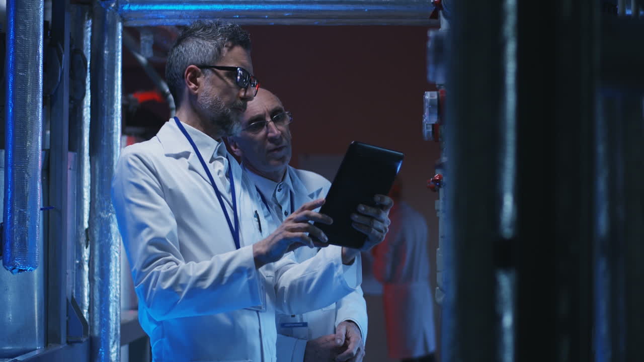 Scientists reviewing data in industrial setting