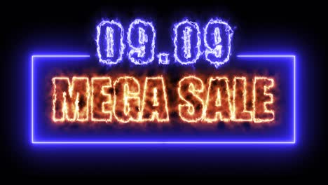 09.09 mega sale colorful neon sign banner in black background for promote video. concept of promotion brand sale