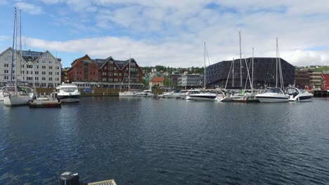 View-of-a-marina-in-Tromso,-North-Norway