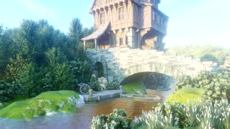 beautiful rural summer morning nature with a pond and a water mill. the mill wheel rotates under the pressure of the water flow. looping 3d animation.