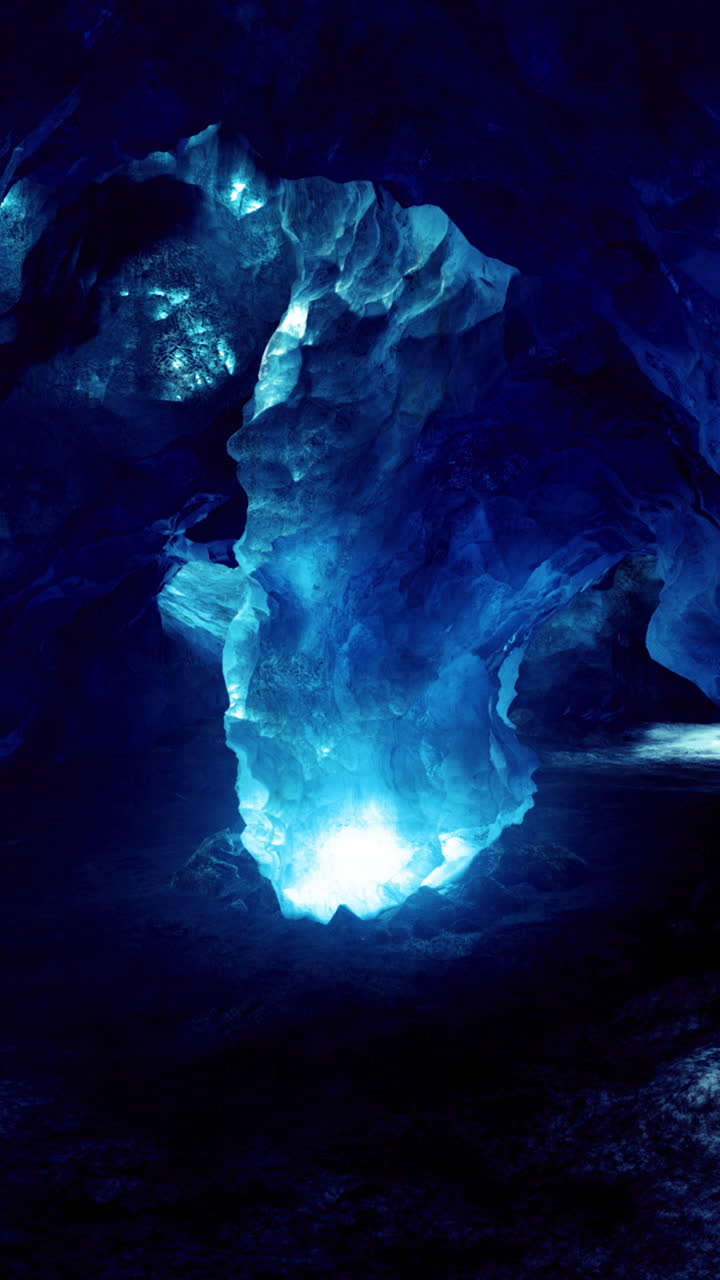 Exploring the mystical blue cave in glowing light during twilight hours