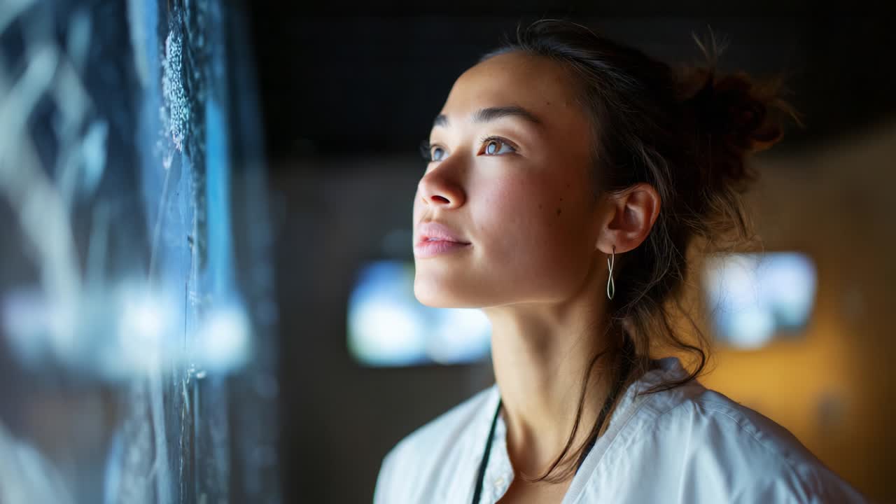 A young woman gazes thoughtfully at an exhibit, captivated by the mesmerizing display of light and texture, reflecting her curiosity and engagement in a cultural exploration experience