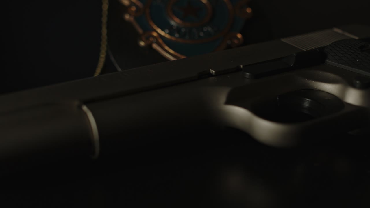 hermosa muñeca de arma y insignia de la policía con luces parpadeantes en los alrededores