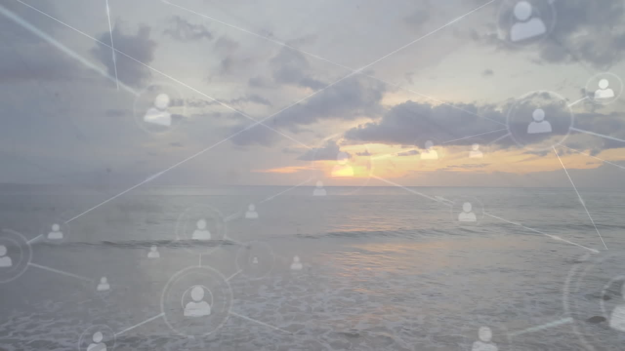 Sunset over ocean with network of connections and user icons animation