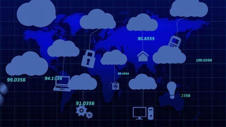 Animation of clouds with diverse technology icons over graphs and data on blue background