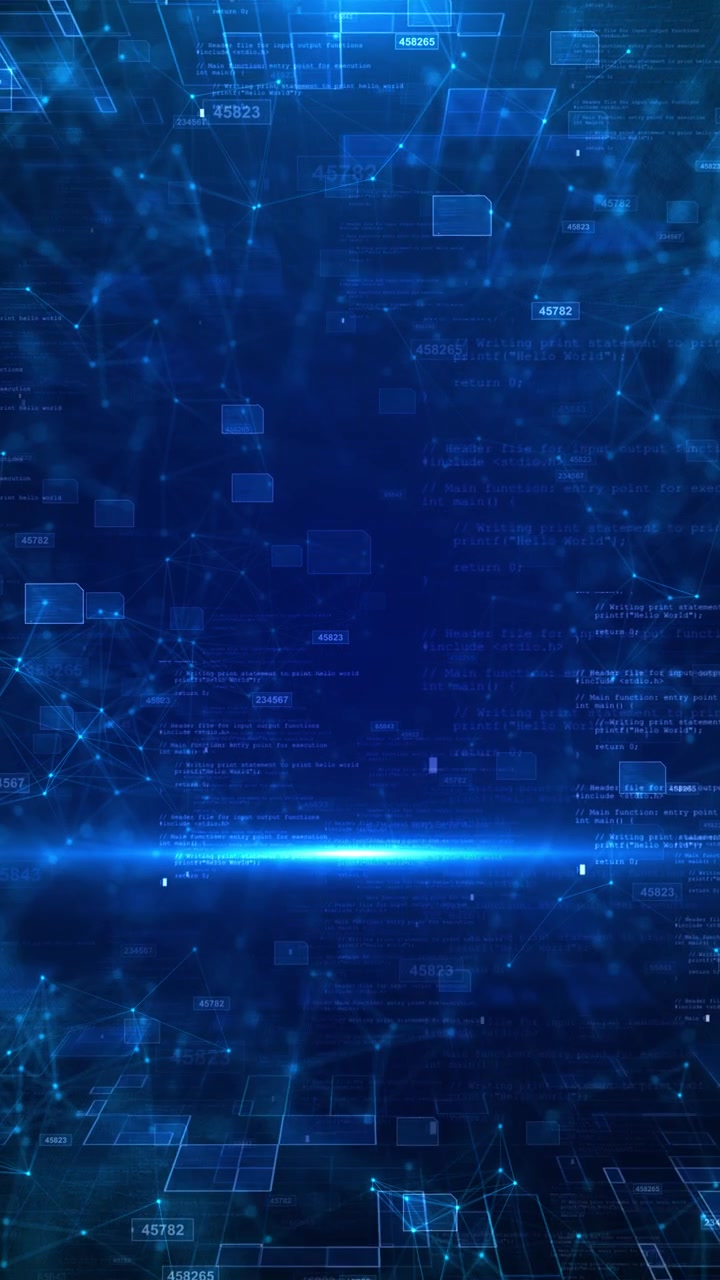 Abstract digital connection web blue glowing nodes code fragments translucent panels wide technology