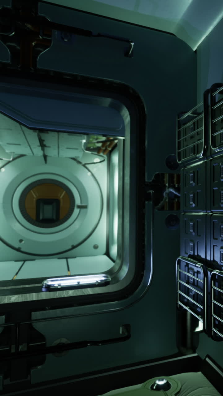 Interno di stazione spaziale con finestra circolare e unità di stoccaggio