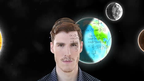 animation of businessman over equations and solar system