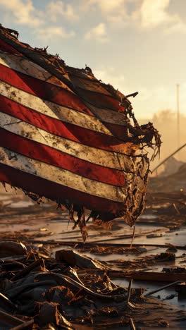 american flag stands amid destruction at sunrise following disaster