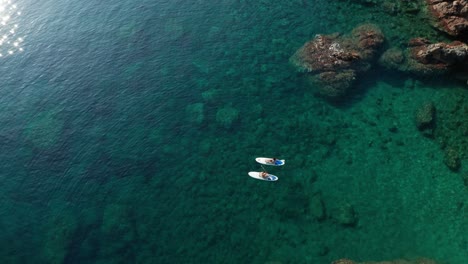 Fitte-Frauen-Schwimmen-Auf-Einem-Paddelbrett-Im-Meer