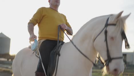 horseback riding with dog in rural setting