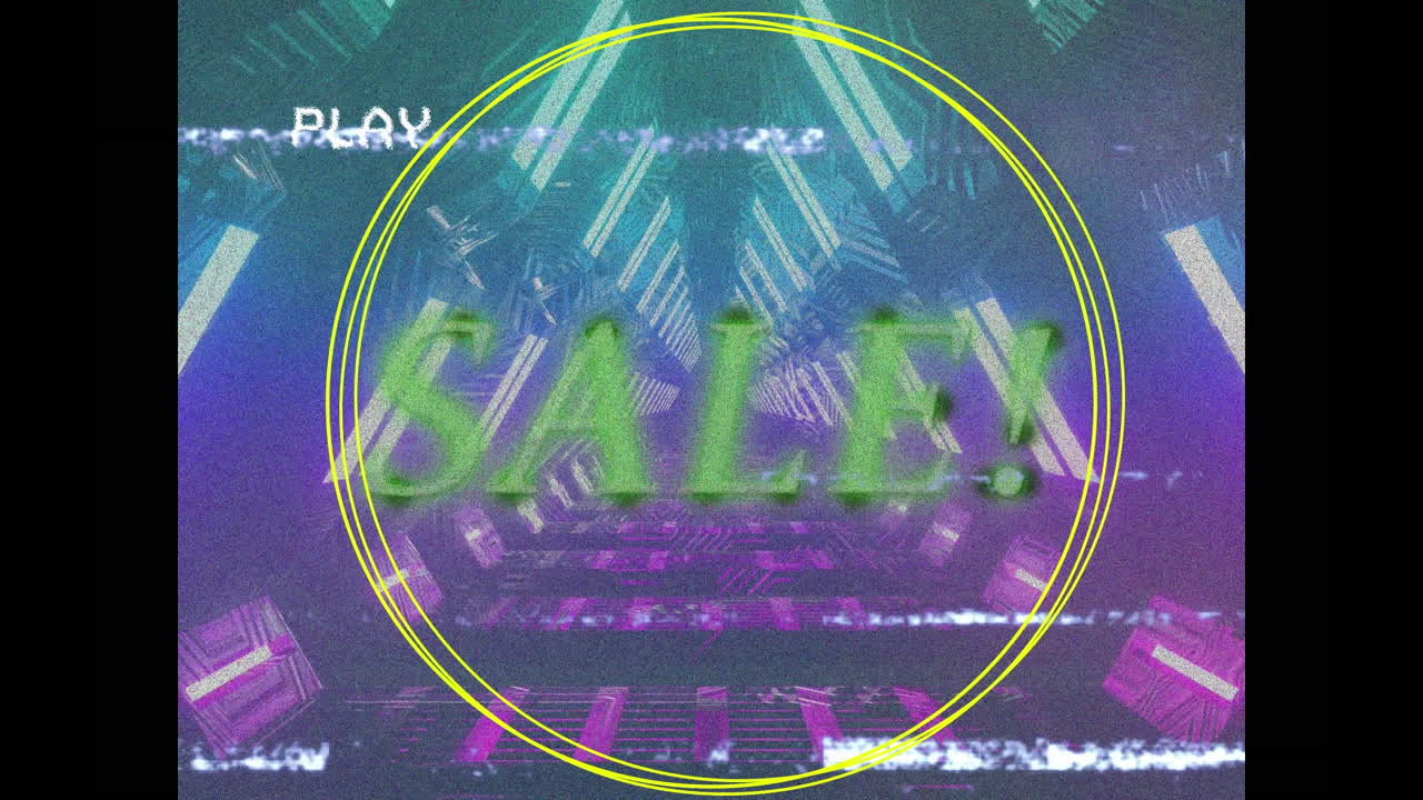 다채로운 네온 조명 위에 판매 텍스트와 함께 플레이 인터페이스의 애니메이션