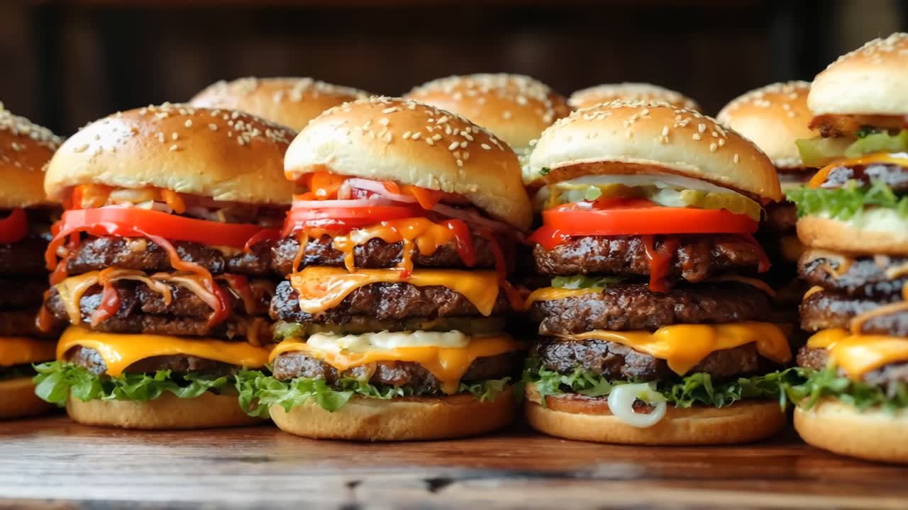 una fila de hamburguesas sentadas en la parte superior de una mesa de madera