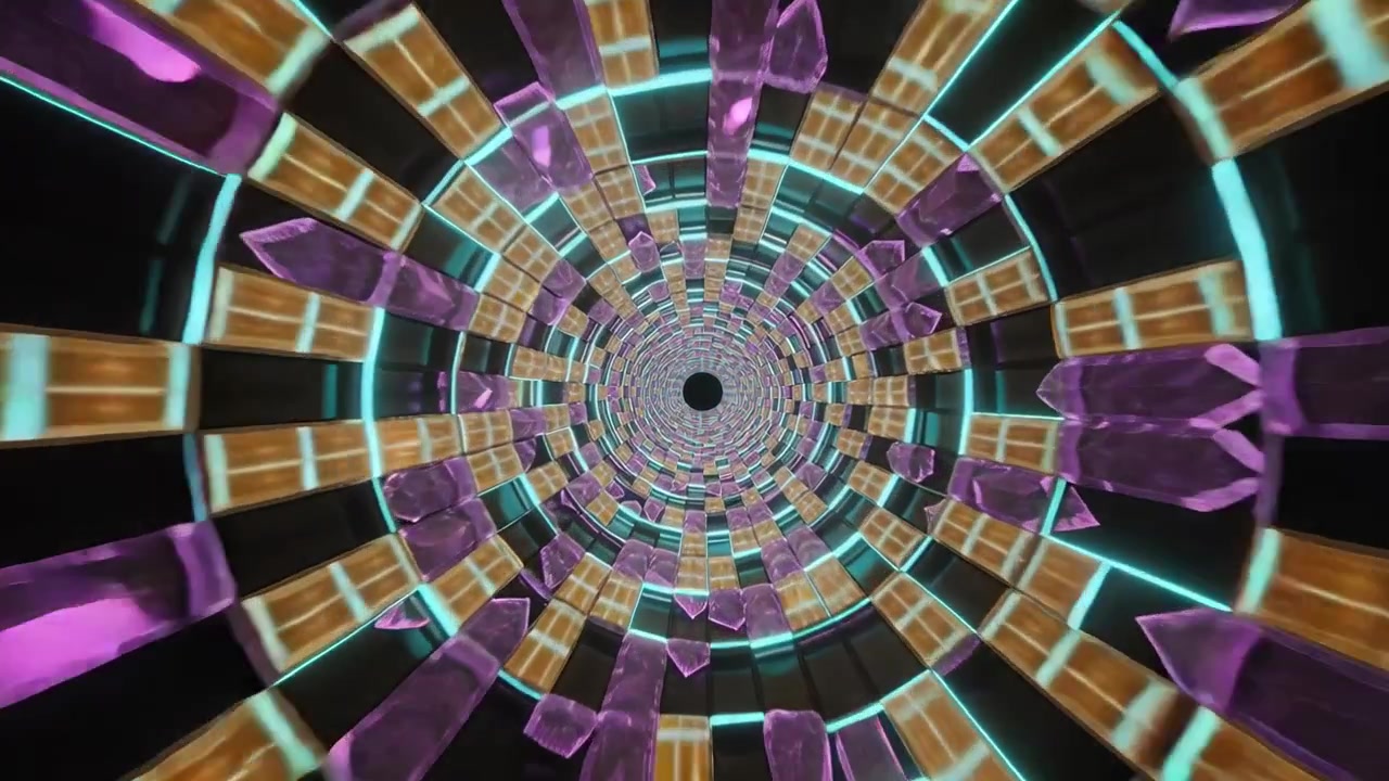 Loop starting rotating tunnel moving inward, shifting purple prisms and cyan rings, creating depth