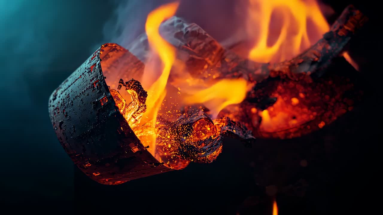 Glowing hollow cylinder emitting flames, smoke and embers under extreme heat in teal magenta studio