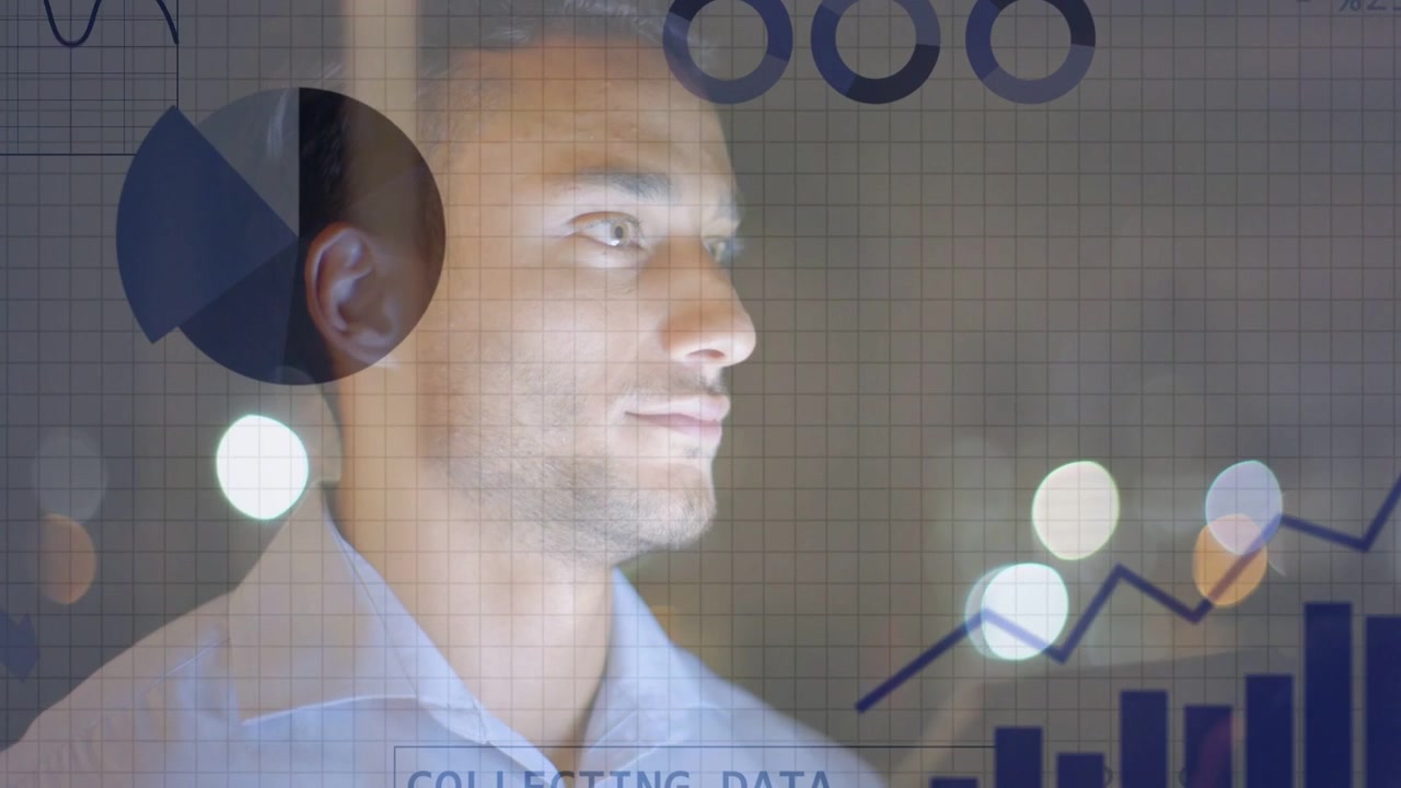 Male analyst looking down at phone causing business charts and rising line animating for analysis