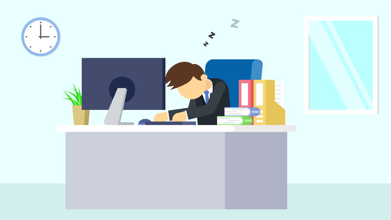 Business man is working. Tired and sleep. Business emotion concept. Loop illustration in flat style.