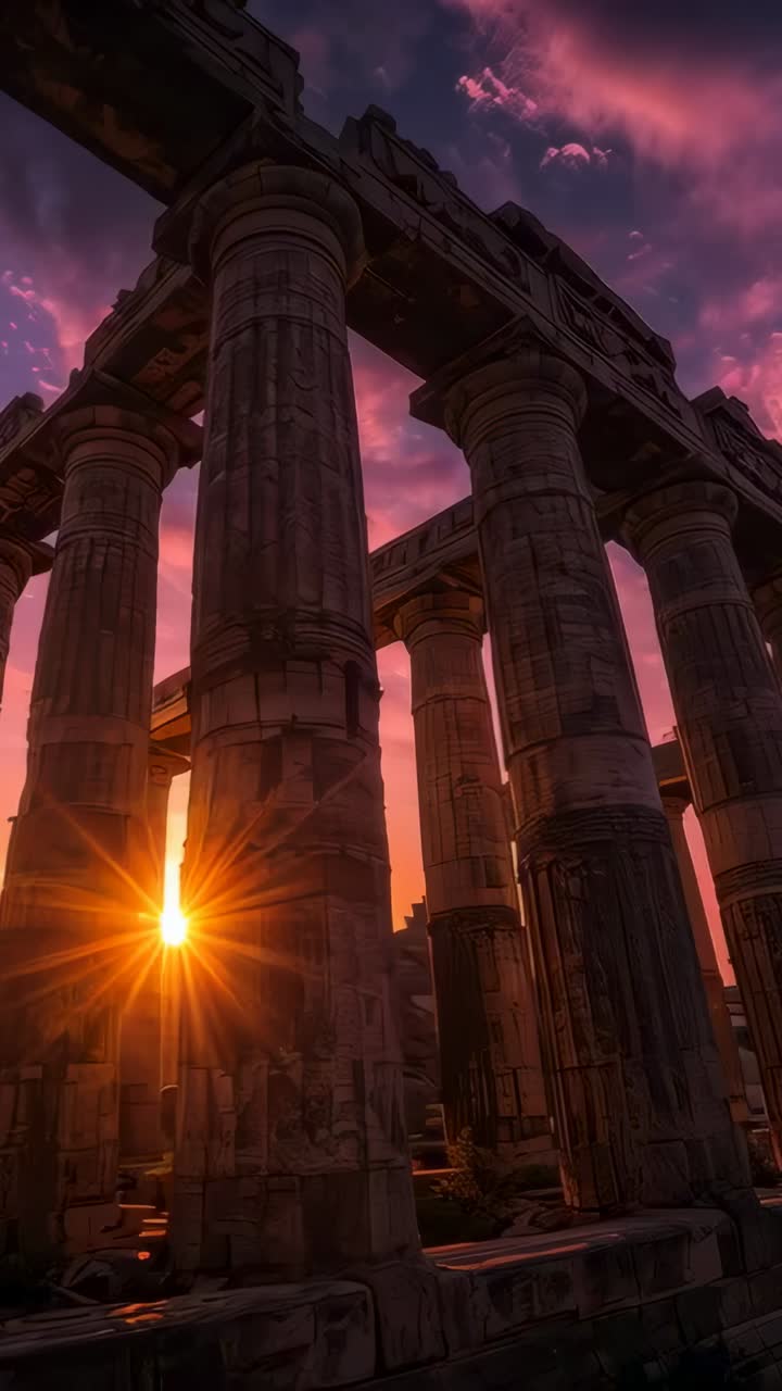 Vertical video: Sun sliding, tall fluted stone columns catching warm sunset light at ruins, flare