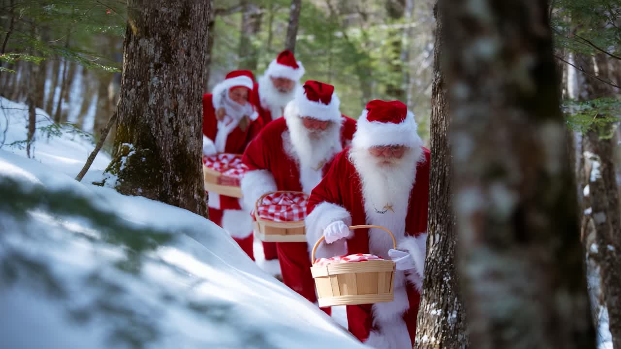 A joyful procession of Santa Claus figures trekking through a snow-laden forest, elegantly dressed in traditional red attire, carrying baskets filled with gifts, spreading holiday cheer and festive spirit during winter