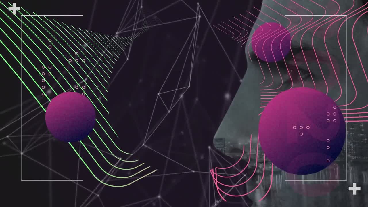 formas abstractas coloridas sobre la vista lateral de un hombre contra una red de conexiones en fondo negro