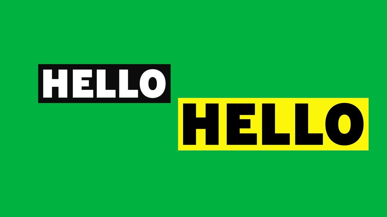 Animation of words hello in white and black on black and yellow banners with white background