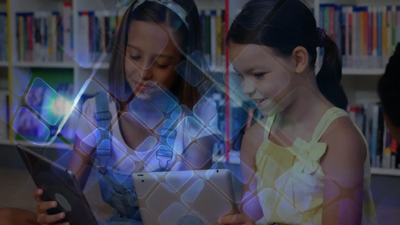 Children using tablets with digital network animation overlay in library setting