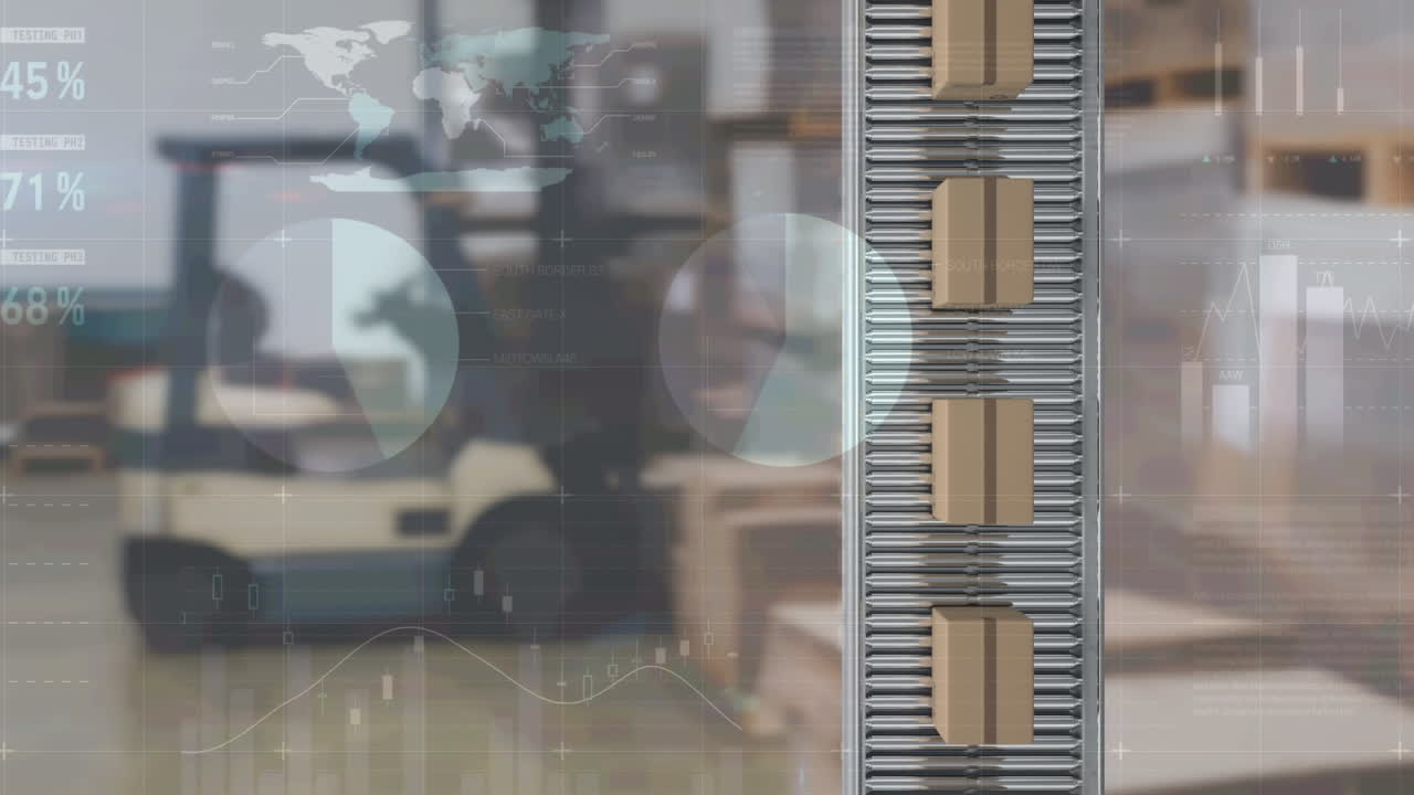 animación de estadísticas y procesamiento de datos sobre cajas de cartón en cinta transportadora