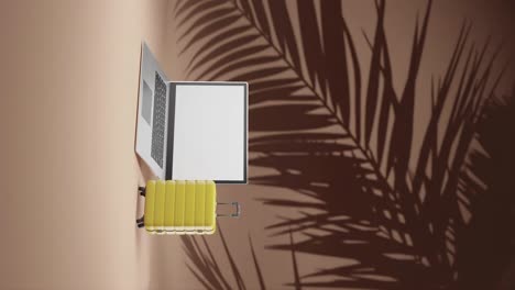 3d-rendering-animation eines modernen laptops und gepäcks reisekoffer konzept der digitalen nomaden fernbedienung arbeitet auf goldenem hintergrund vertikal