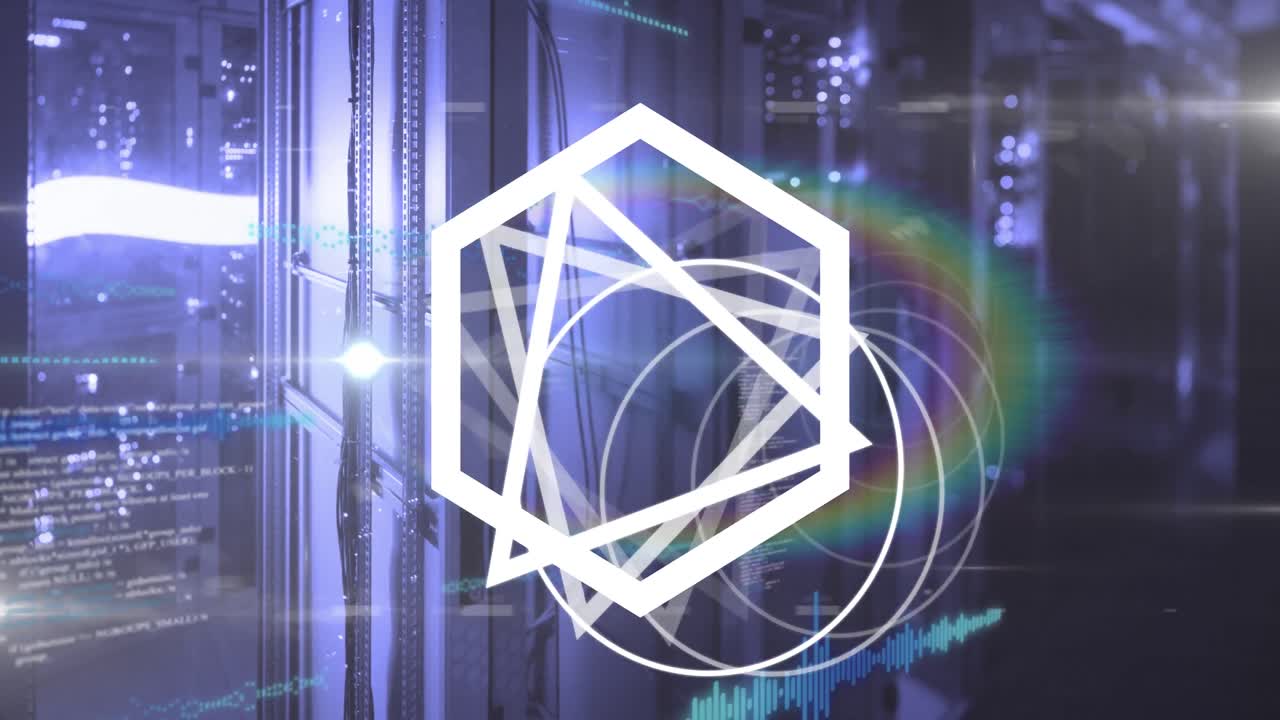 Animation of white shapes and data processing over server room