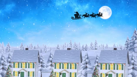 Digitale-Animation-Von-Schnee,-Der-über-Die-Schwarze-Silhouette-Des-Weihnachtsmanns-Im-Schlitten-Fällt