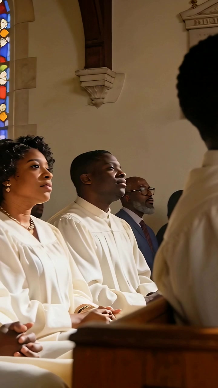 Vertical video: Singing choir singer in white robe leading hymn at church pews, plaque, copy space
