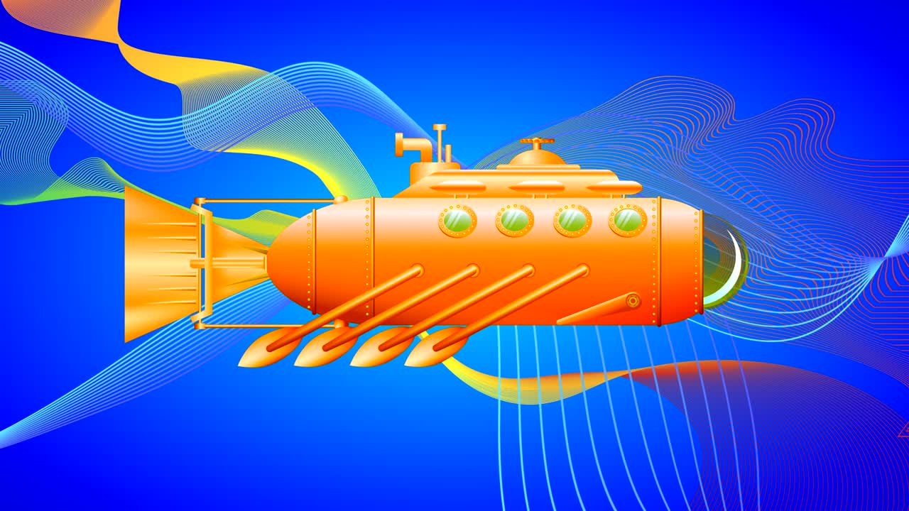 A submarine is sailing horizontally with oars deep in the ocean