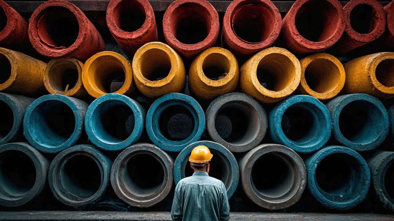 Un operaio edile osserva tubi colorati impilati in un magazzino, evidenziando l'intersezione tra arte e industria in un moderno ambiente urbano.