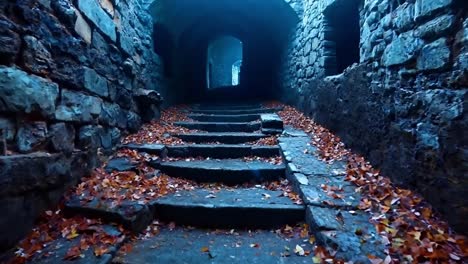 a set of stairs leading up to a dark tunnel with leaves on the ground