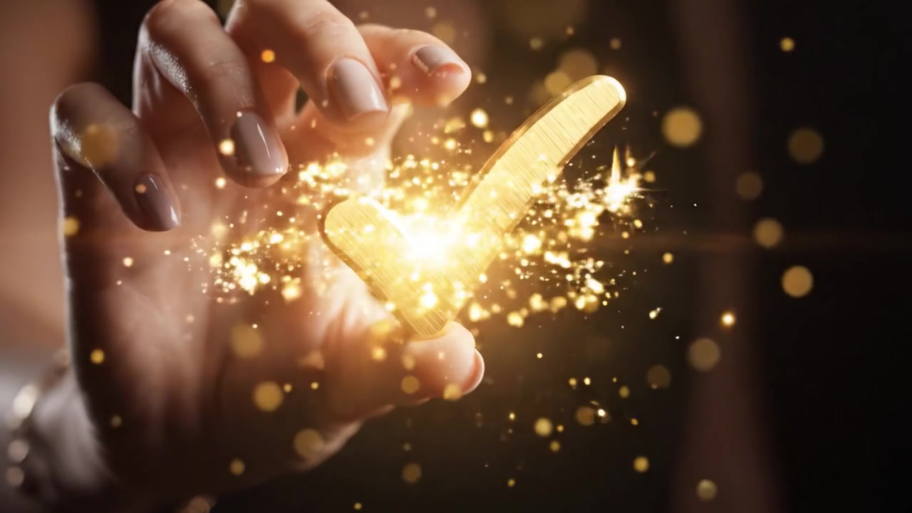 Un Gesto Celebrativo: Una Mano che Tiene una Lucente Spunta Dorata che Simboleggia il Raggiungimento e il Successo su uno Sfondo Scuro