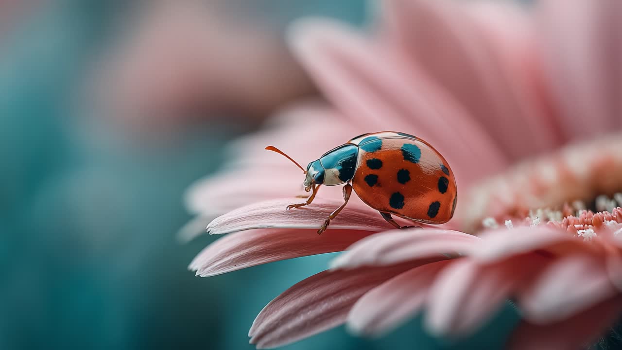 A stunning close-up of a vibrant ladybug perched delicately on a pink gerbera daisy, showcasing intricate details and colors in nature's beauty