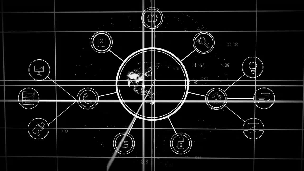 글로벌 네트워크 연결 및 데이터 처리 애니메이션 검은색 배경