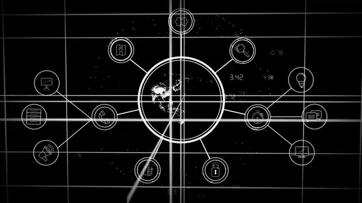 Global network connections and data processing animation over black background
