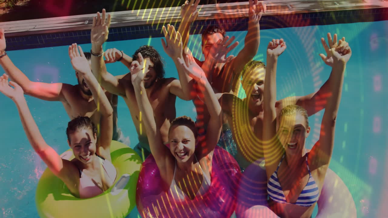 Celebrating in pool, group of friends with colorful animation light effects