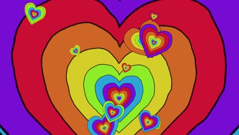 animation of rainbow hearts over rainbow background