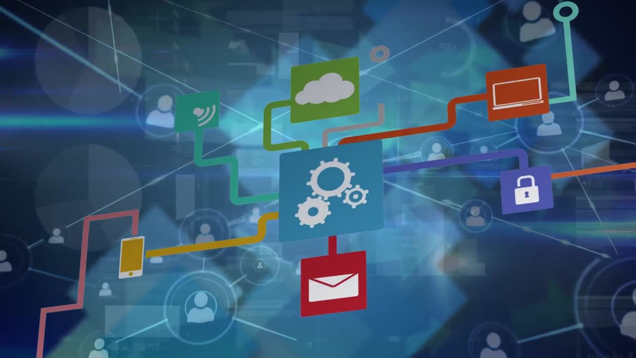 animación de la red de conexiones con iconos tecnológicos sobre pantalla azul